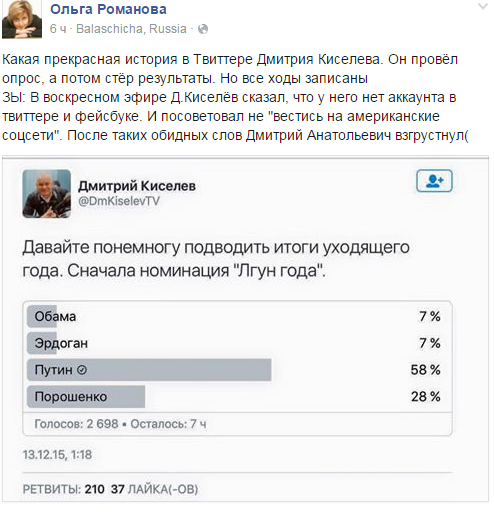 Киселев присвоил Путину звание “Лгун года” – фотофакт