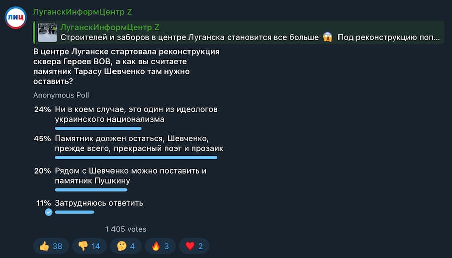 Окупанти говорять про необхідність знесення пам’ятника Шевченку в Луганську, але місцеві жителі проти