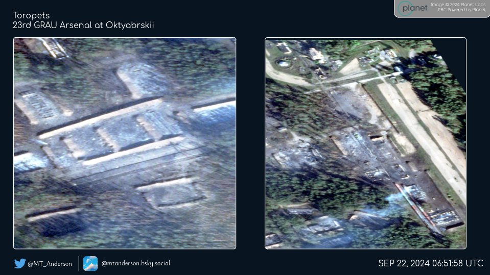 З’явились супутникові знімки знищеного російського арсеналу в селищі Октябрський Тверської області