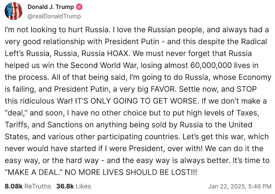 Трамп закликав Путіна завершити війну, а інакше США введуть жорсткі санкції та тарифи на всі товари з РФ