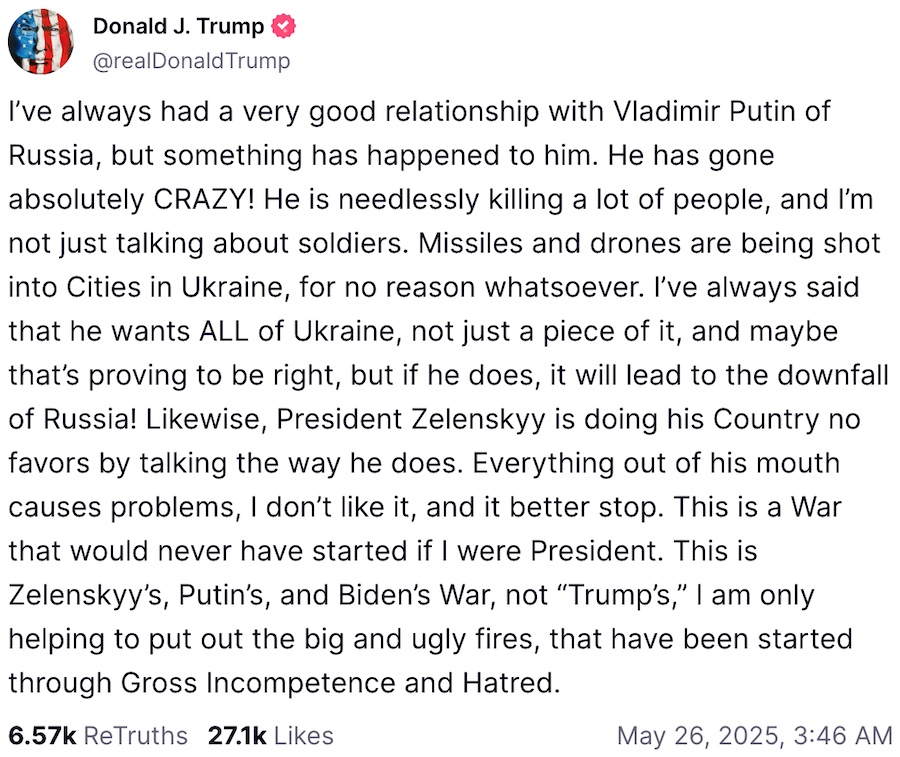 Трамп назвав Путіна “божевільним” через масовані повітряні атаки по Україні