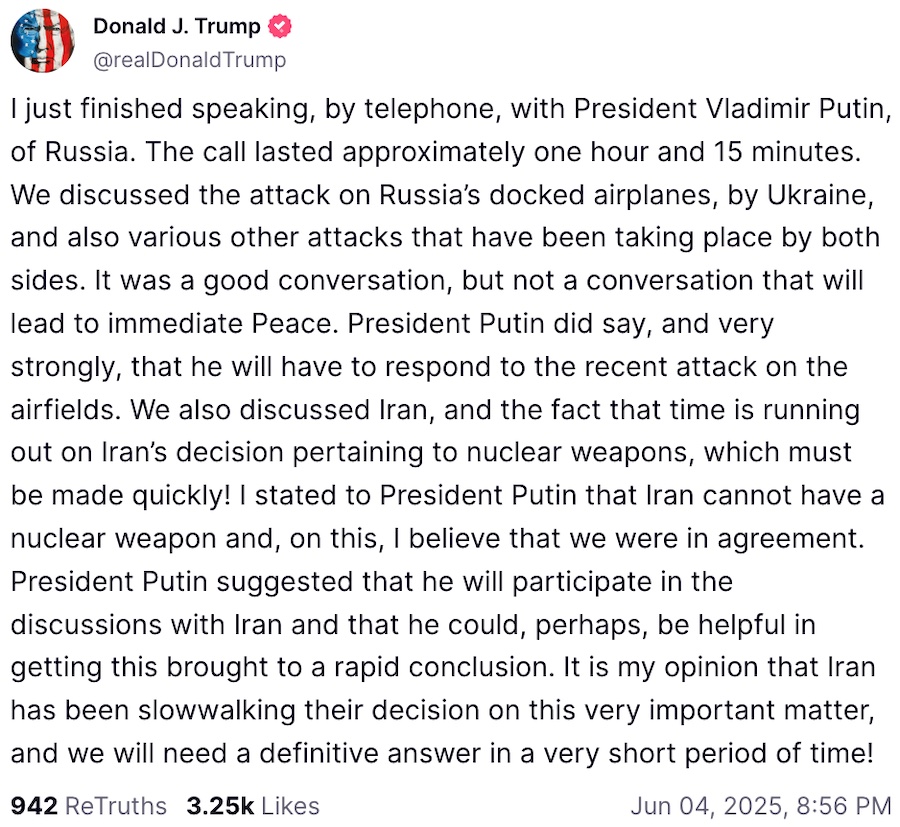 Путін прямо сказав Трампу, що має намір відповісти на операцію України “Павутина”