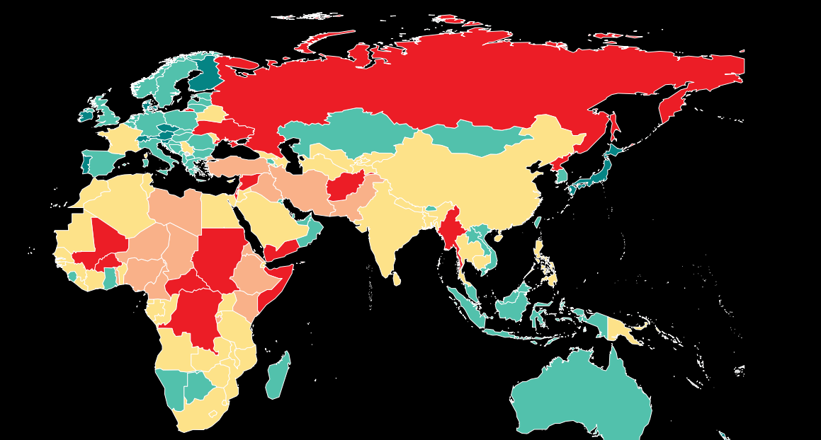 Україна опинилась на передостанньому місці у цьогорічному рейтингу мирних країн. На останньому місці — Росія